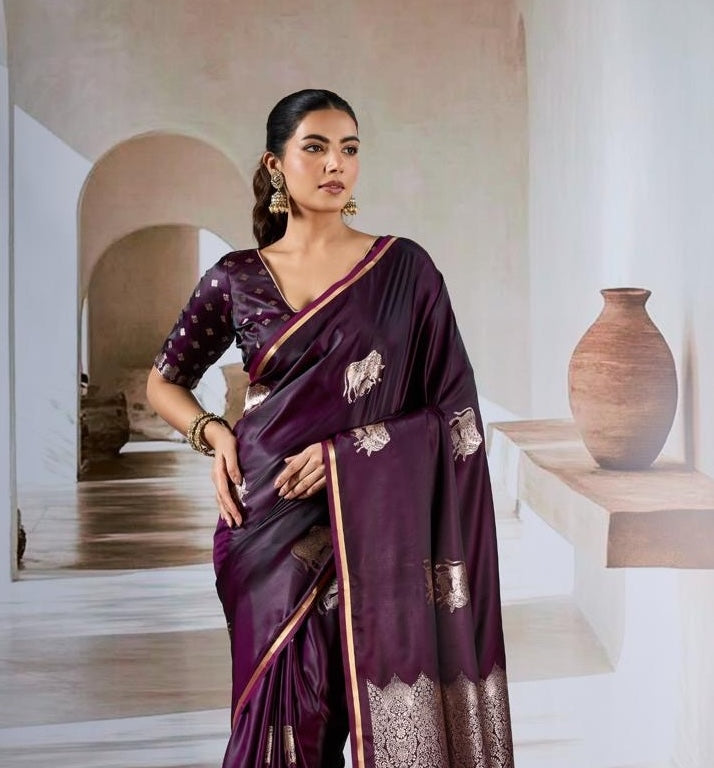 Royal Plum Satin Silk Readymade/Easy Saree