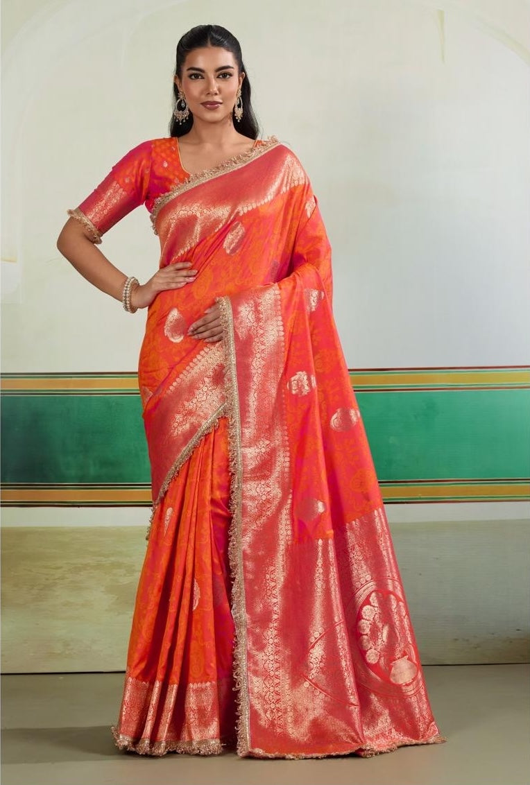 Burnt Orange Banarasi Silk Readymade/Easy Saree