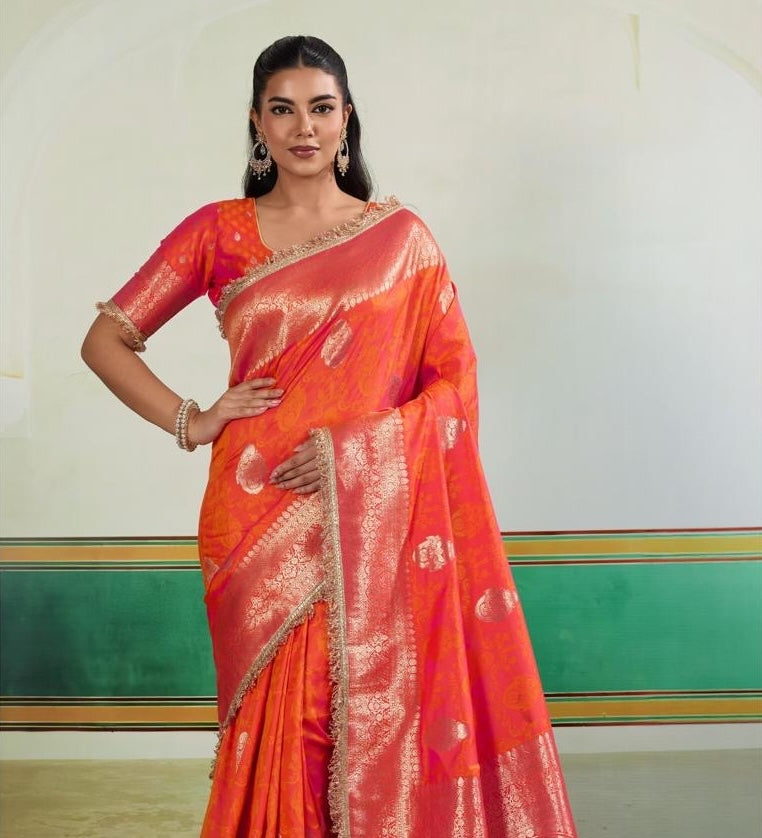 Burnt Orange Banarasi Silk Readymade/Easy Saree