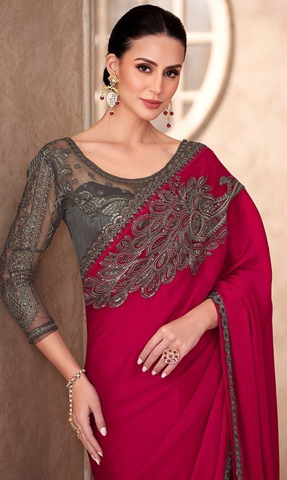 Red Cocktail Party Wear Readymade Saree
