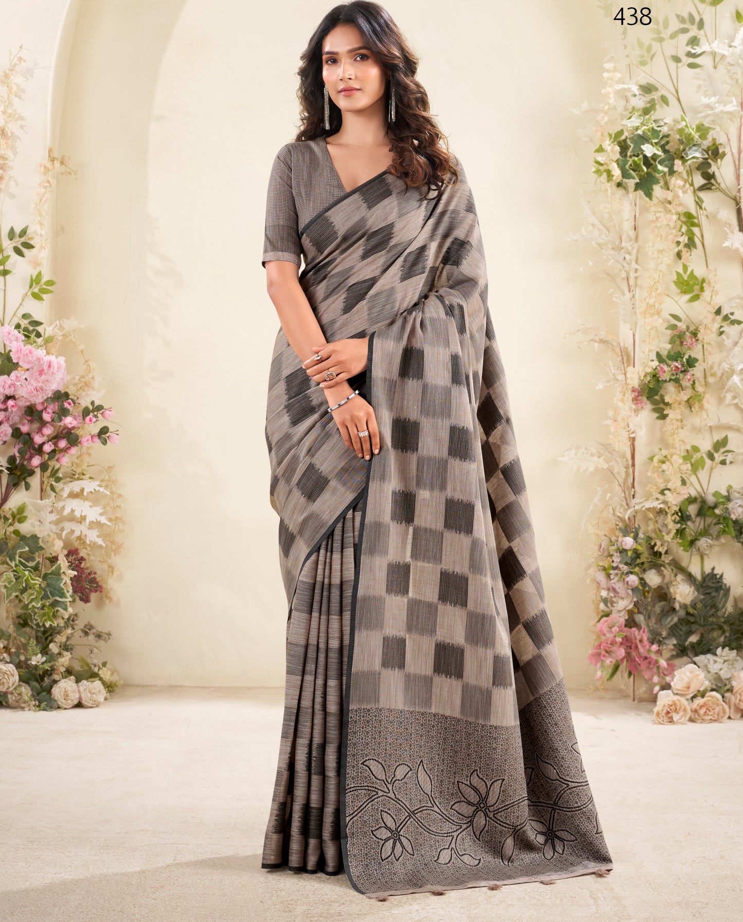 Grey Checks Linen Silk Office Wear Easy/Readymade Saree