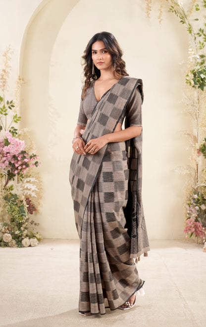 Grey Checks Linen Silk Office Wear Easy/Readymade Saree