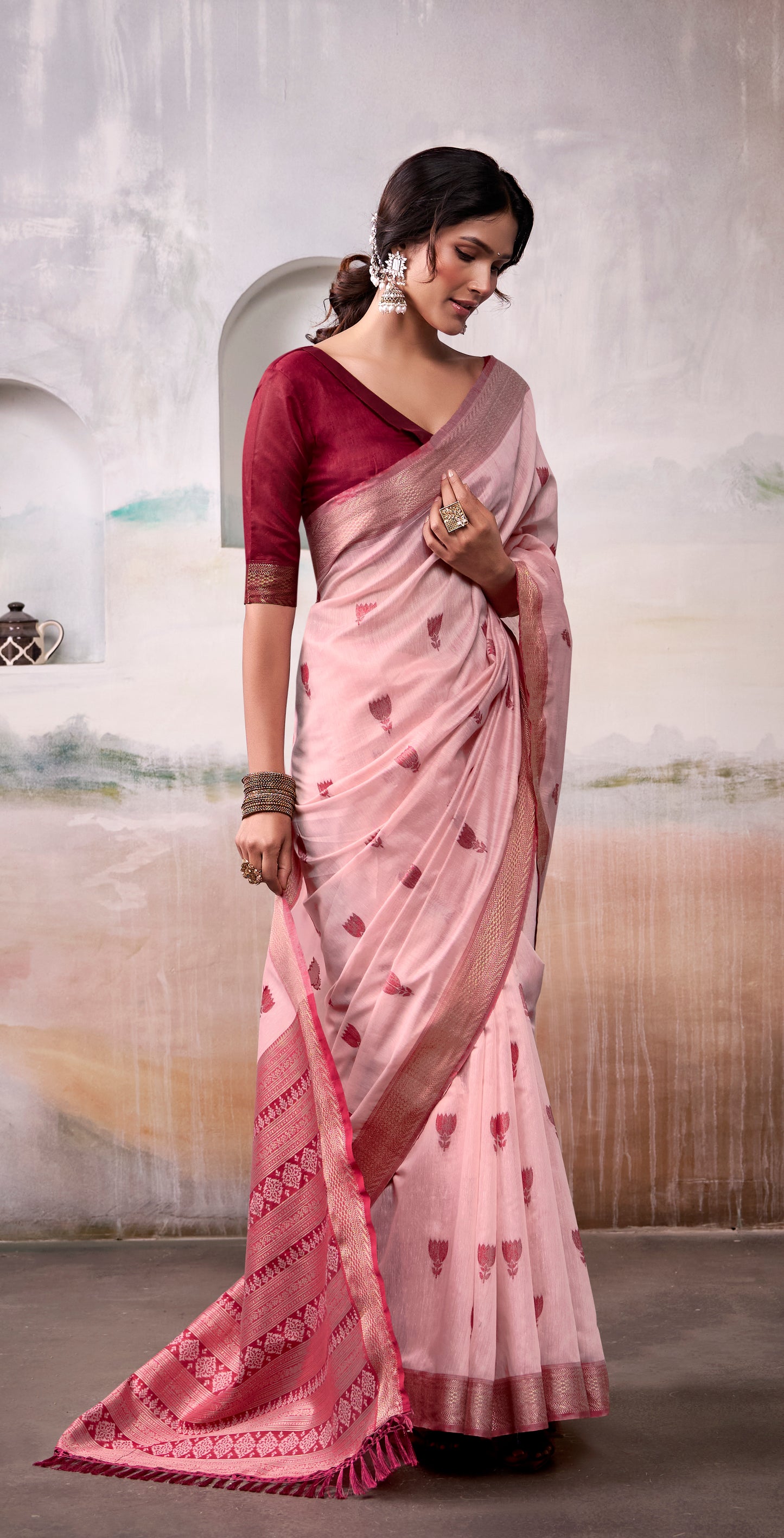 Maroon Modal Cotton Office Wear Easy/Readymade Saree
