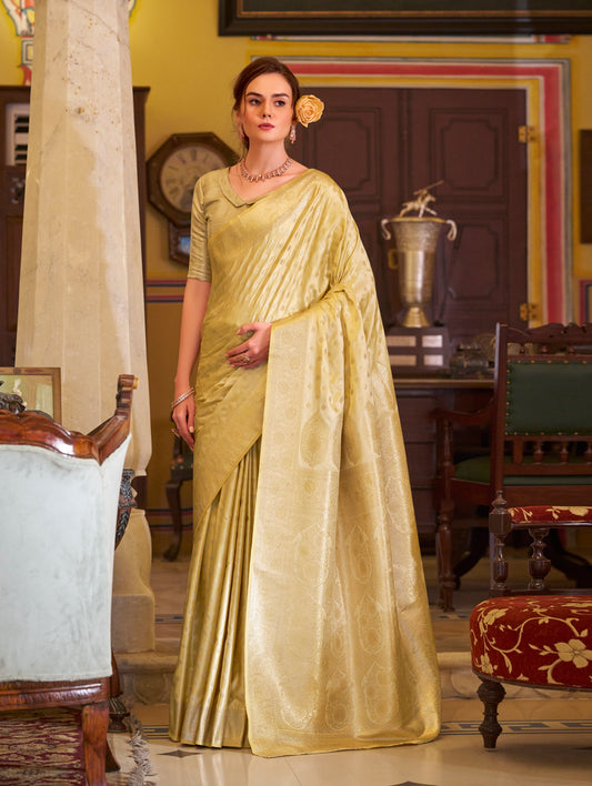 Golden Satin Banarasi Silk Readymade/Easy Saree