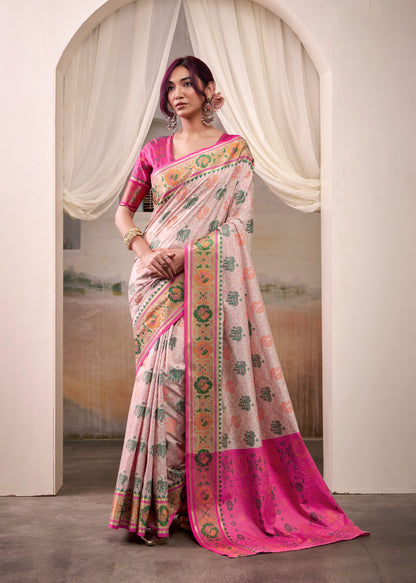 Off White Patola Silk Ready To Wear/Easy Saree  by StylebyPanaash