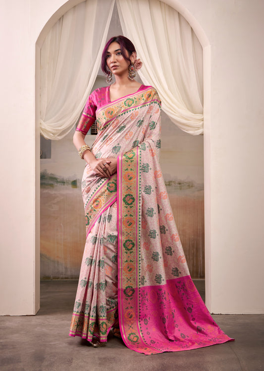 Off-white patola silk ready-to-wear saree, pink border, multicolor motifs
