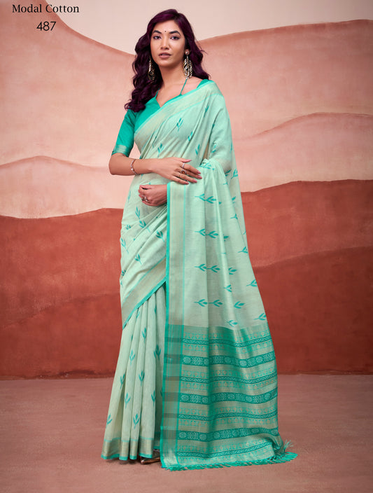 Sea Green Modal Cotton Office Wear Easy/Readymade Saree