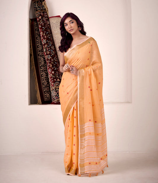 Orange Linen Silk Office Wear Easy/Readymade Saree