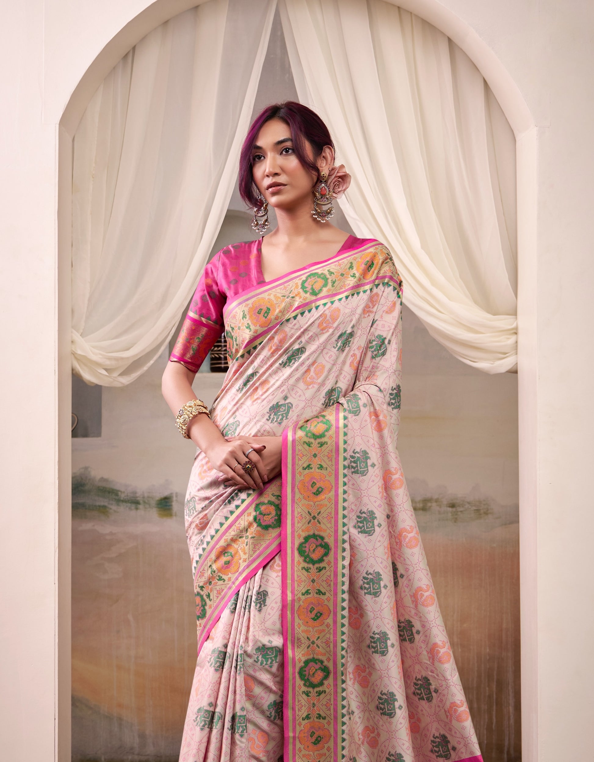 Off White Patola Silk Ready To Wear/Easy Saree  by StylebyPanaash