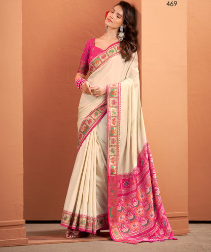 Off-White Soft Patola Silk Readymade/Easy Saree