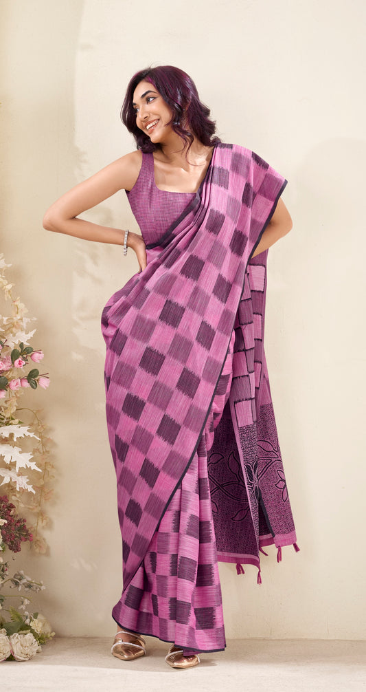 Pink Checks Linen Office Wear Easy/Readymade Saree