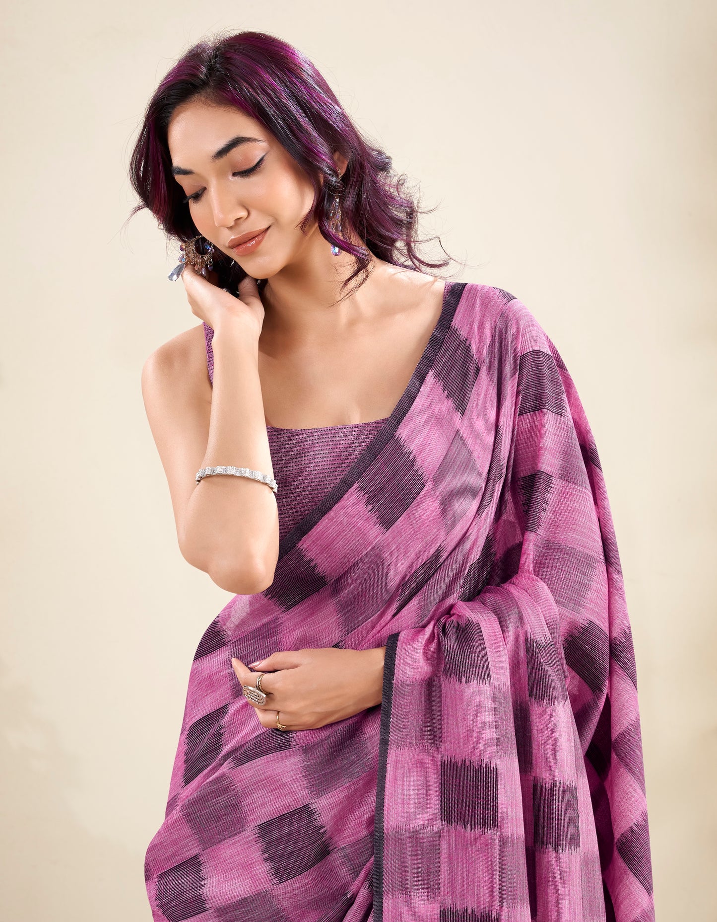 Pink Checks Linen Office Wear Easy/Readymade Saree