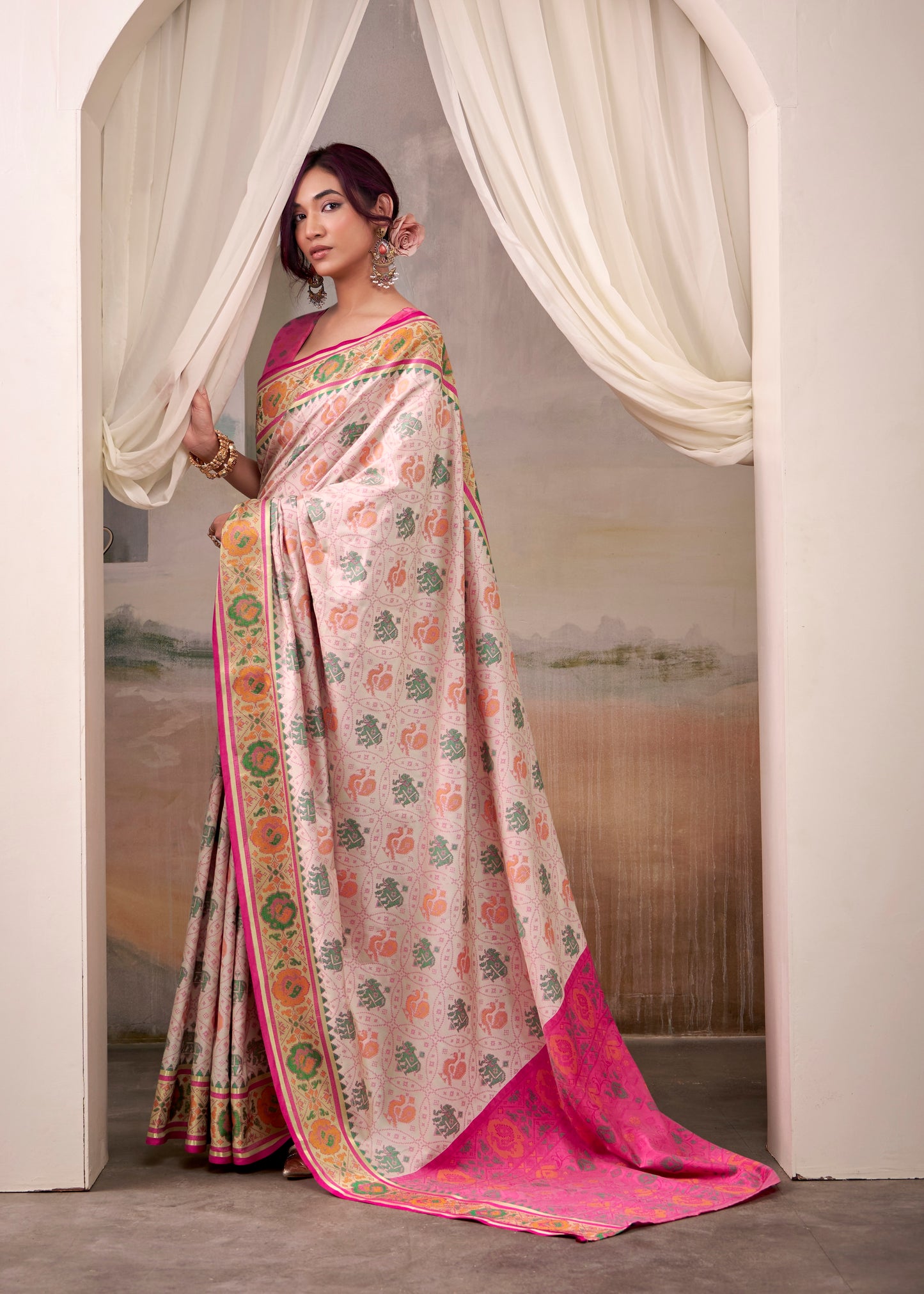 Off White Patola Silk Ready To Wear/Easy Saree  by StylebyPanaash