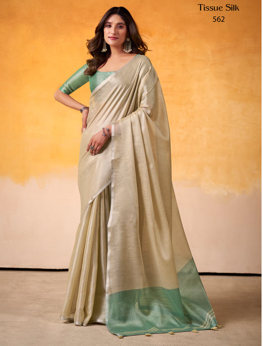 Cream Color Tissue Silk Readymade/Easy Saree