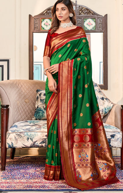 Dark Green Paithani Silk Readymade Saree