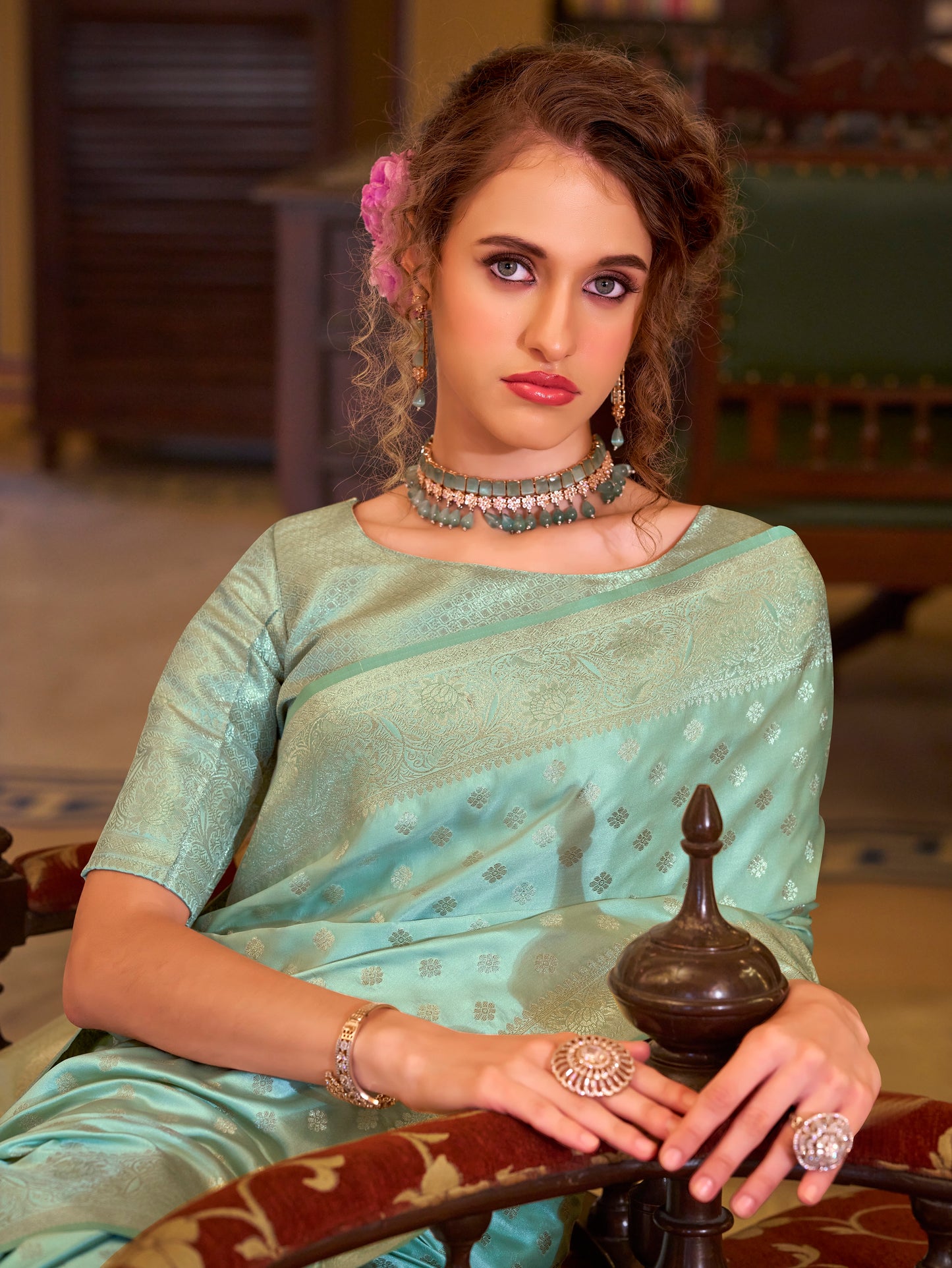 Sea Green Satin Banarasi Silk Readymade/Easy Saree