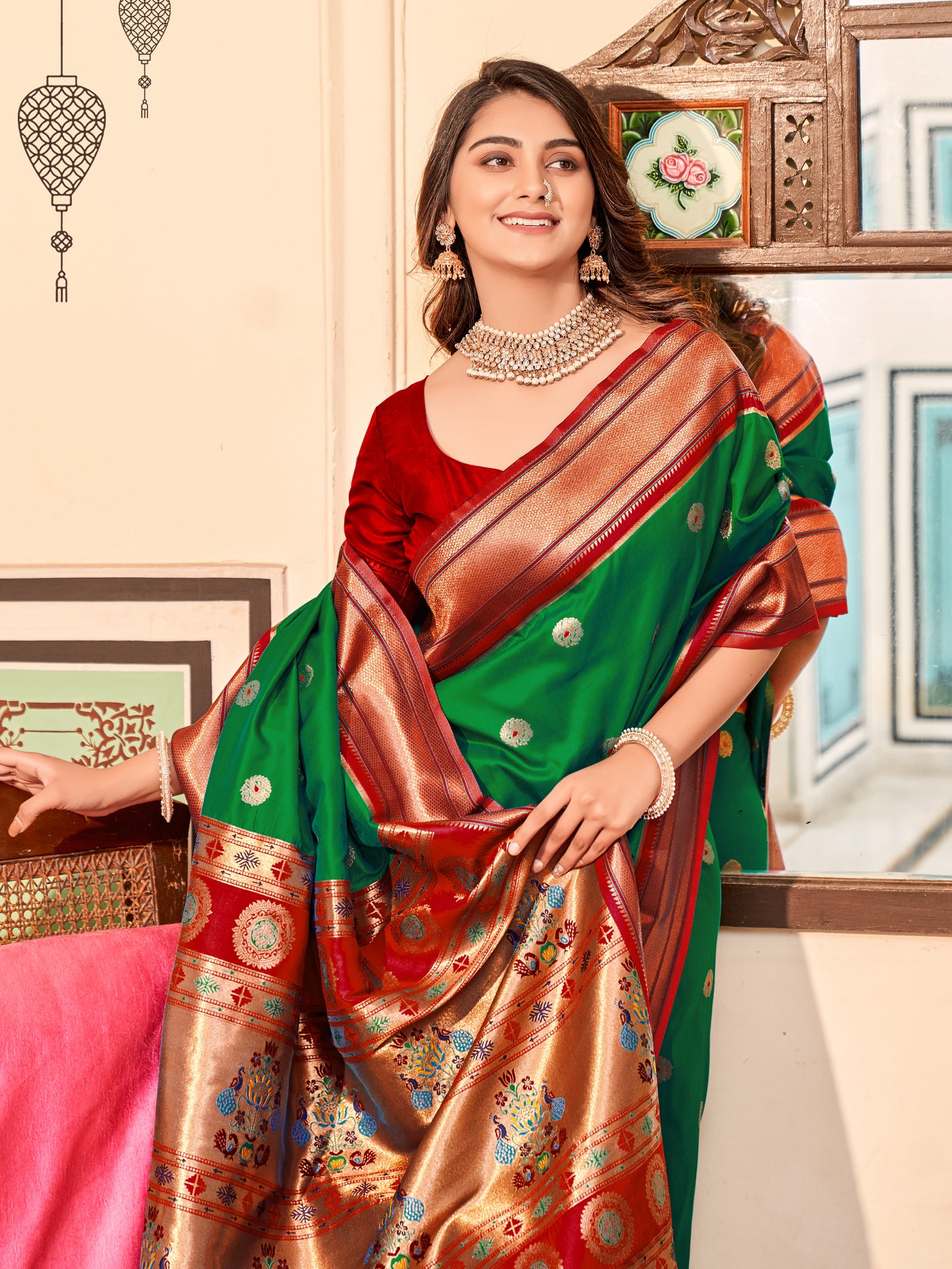 Dark Green Paithani Silk Readymade Saree