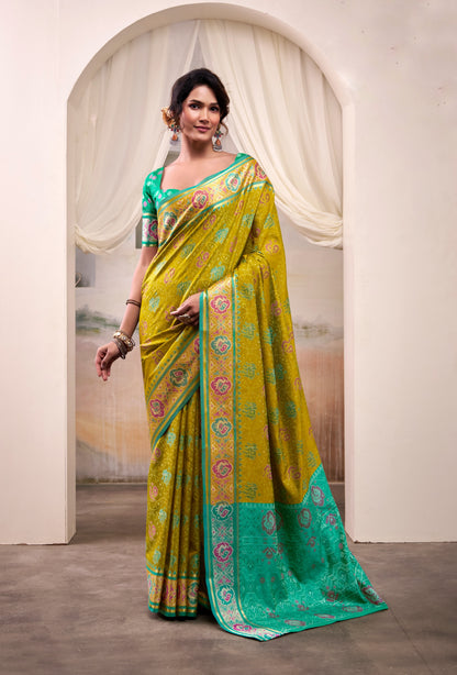 Lime Green Patola Silk Ready To Wear/Easy Saree by StylebyPanaash