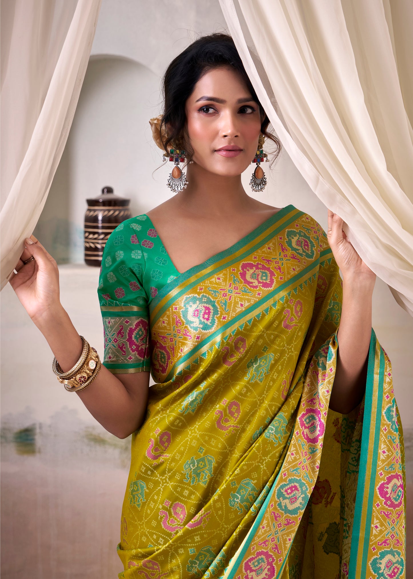 Lime Green Patola Silk Ready To Wear/Easy Saree by StylebyPanaash