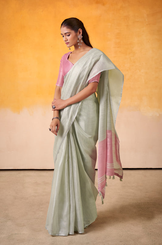 Silver Color Tissue Silk Readymade/Easy Saree