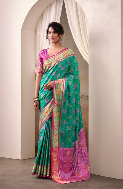 Teal Green Patola Silk Ready To Wear/Easy Saree by StylebyPanaash