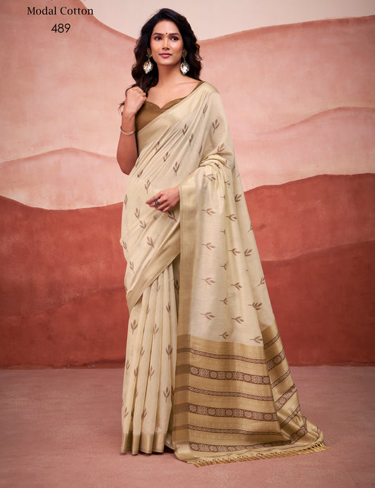 Beige Modal Cotton Office Wear Easy/Readymade Saree