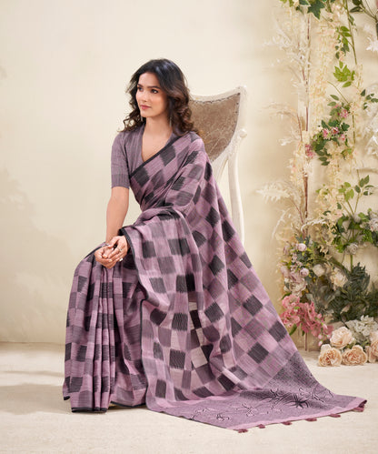 Mauve Checks Linen Office Wear Easy/Readymade Saree