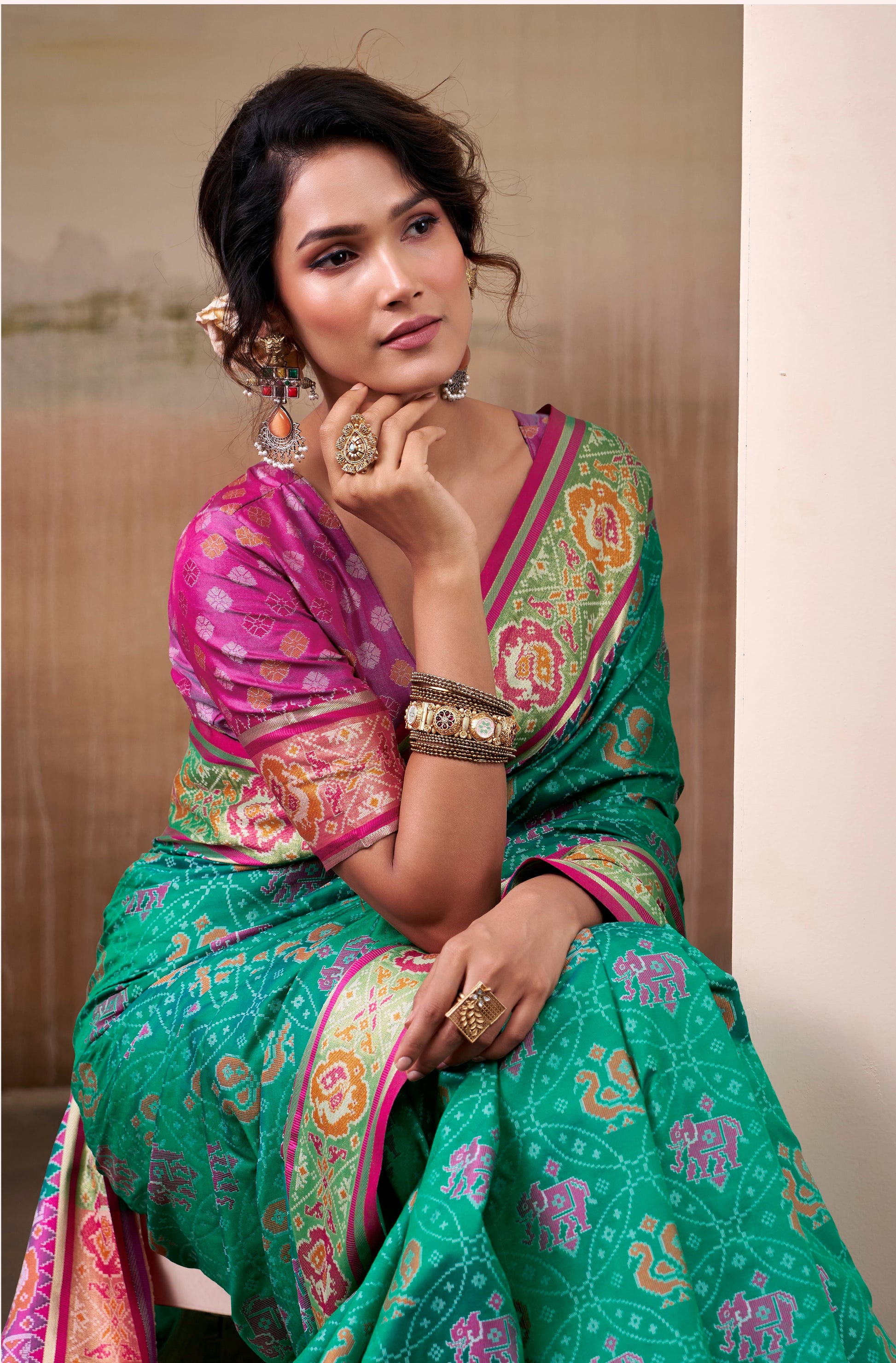 Teal Green Patola Silk Ready To Wear/Easy Saree by StylebyPanaash