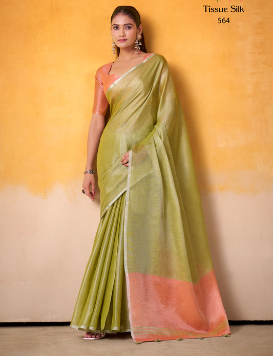Pastel Green Tissue Silk Readymade/Easy Saree