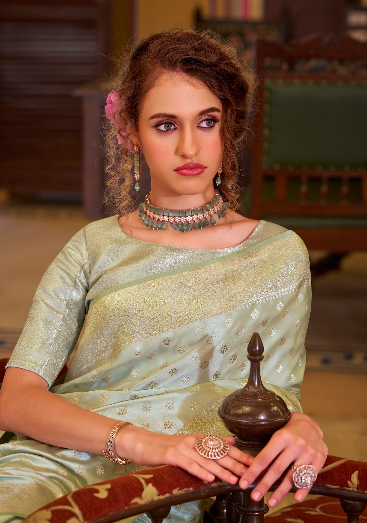 Olive Color Satin Banarasi Silk Readymade/Easy Saree