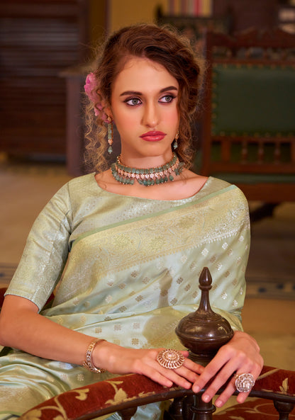 Olive Color Satin Banarasi Silk Readymade/Easy Saree