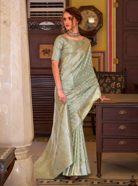 Olive Color Satin Banarasi Silk Readymade/Easy Saree
