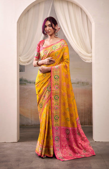 Mustard Yellow Patola Silk Ready To Wear/Easy Saree by StylebyPanaash