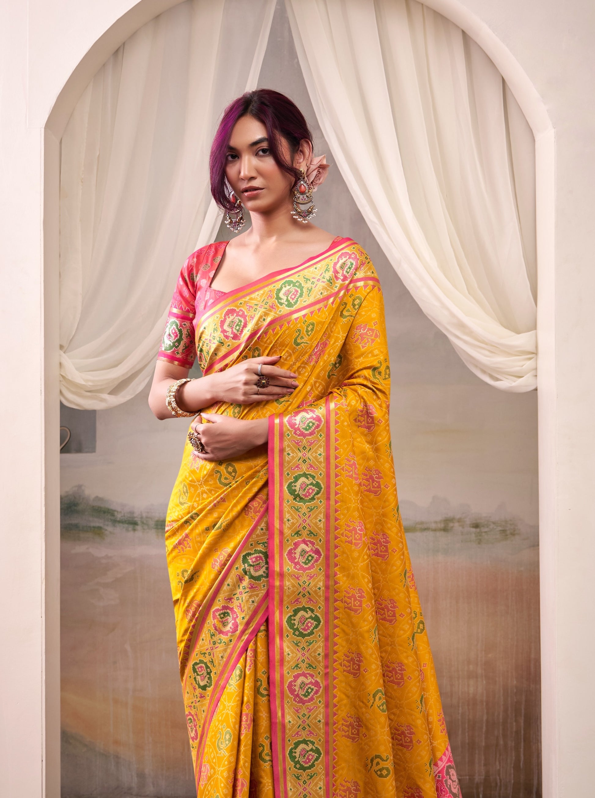 Mustard Yellow Patola Silk Ready To Wear/Easy Saree by StylebyPanaash