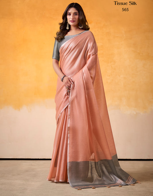 Peach Tissue Silk Readymade/Easy Saree