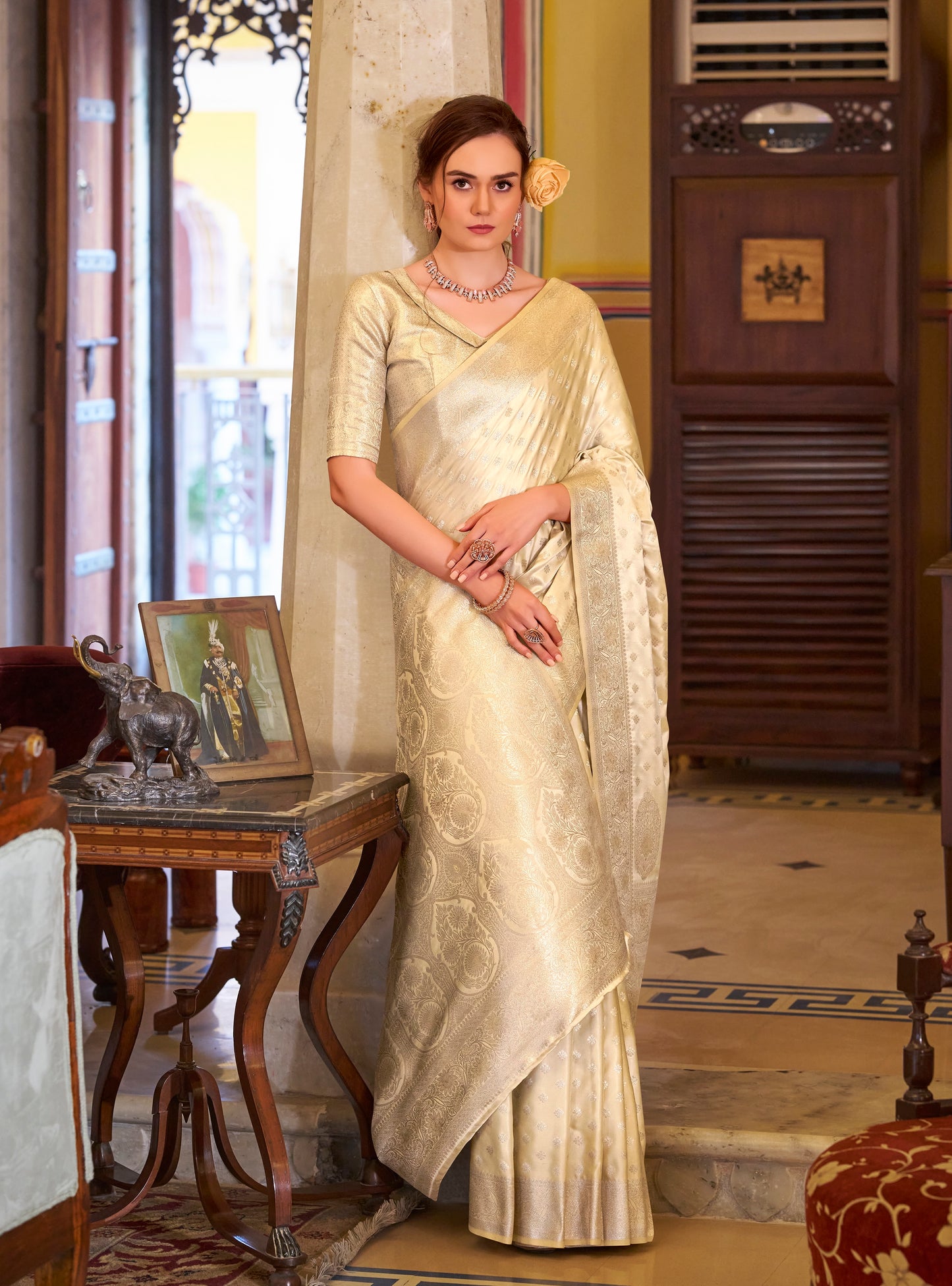 Cream Color Satin Banarasi Silk Readymade/Easy Saree