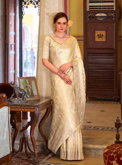 Cream Color Satin Banarasi Silk Readymade/Easy Saree