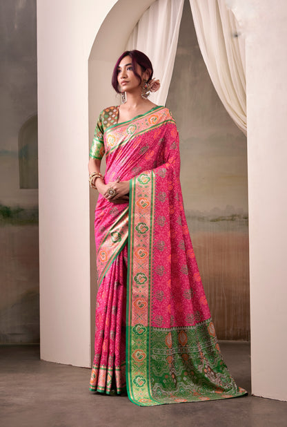 Fuchsia Pink Patola Silk Ready To Wear/Easy Saree by StylebyPanaash