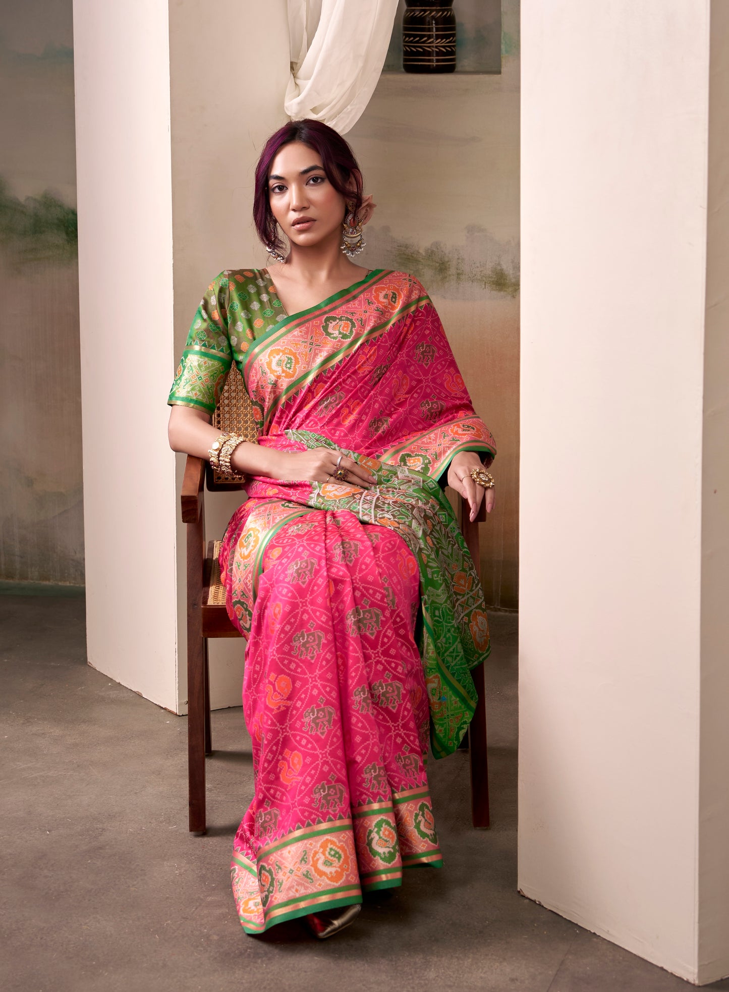 Fuchsia Pink Patola Silk Ready To Wear/Easy Saree by StylebyPanaash