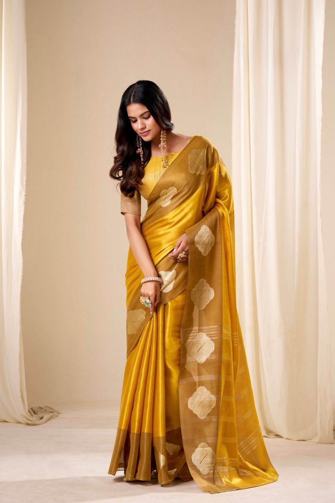 Mustard Yellow Tissue Silk Readymade/Easy Saree