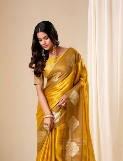 Mustard Yellow Tissue Silk Readymade/Easy Saree