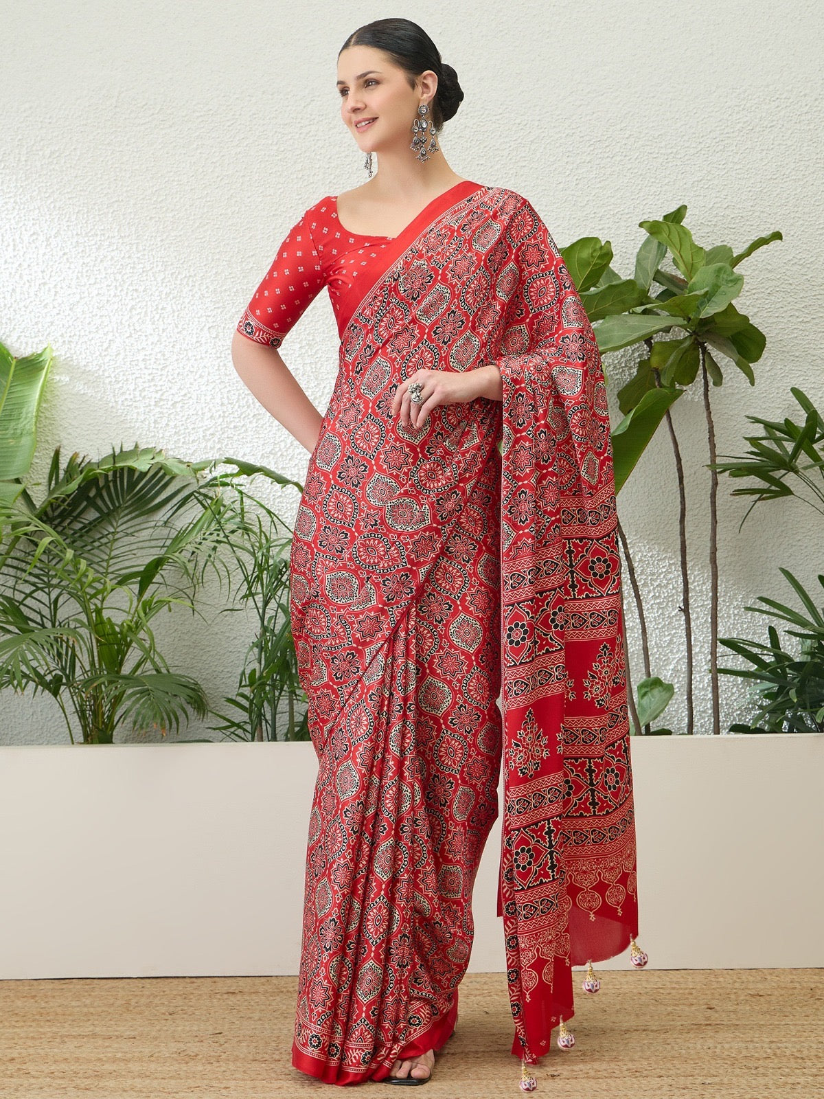 Bright Red Crepe Silk Ready To Wear/Easy Saree - Panaash Saree