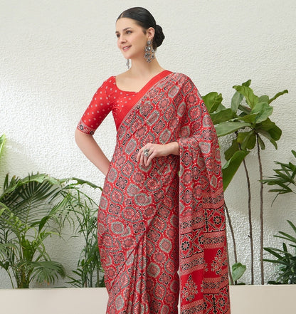 Bright Red Crepe Silk Ready To Wear/Easy Saree - Panaash Saree