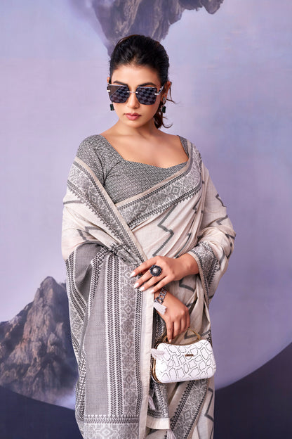 Grey & White Zigzag Cotton Ready To Wear/Easy Saree by Stylebypanaash 