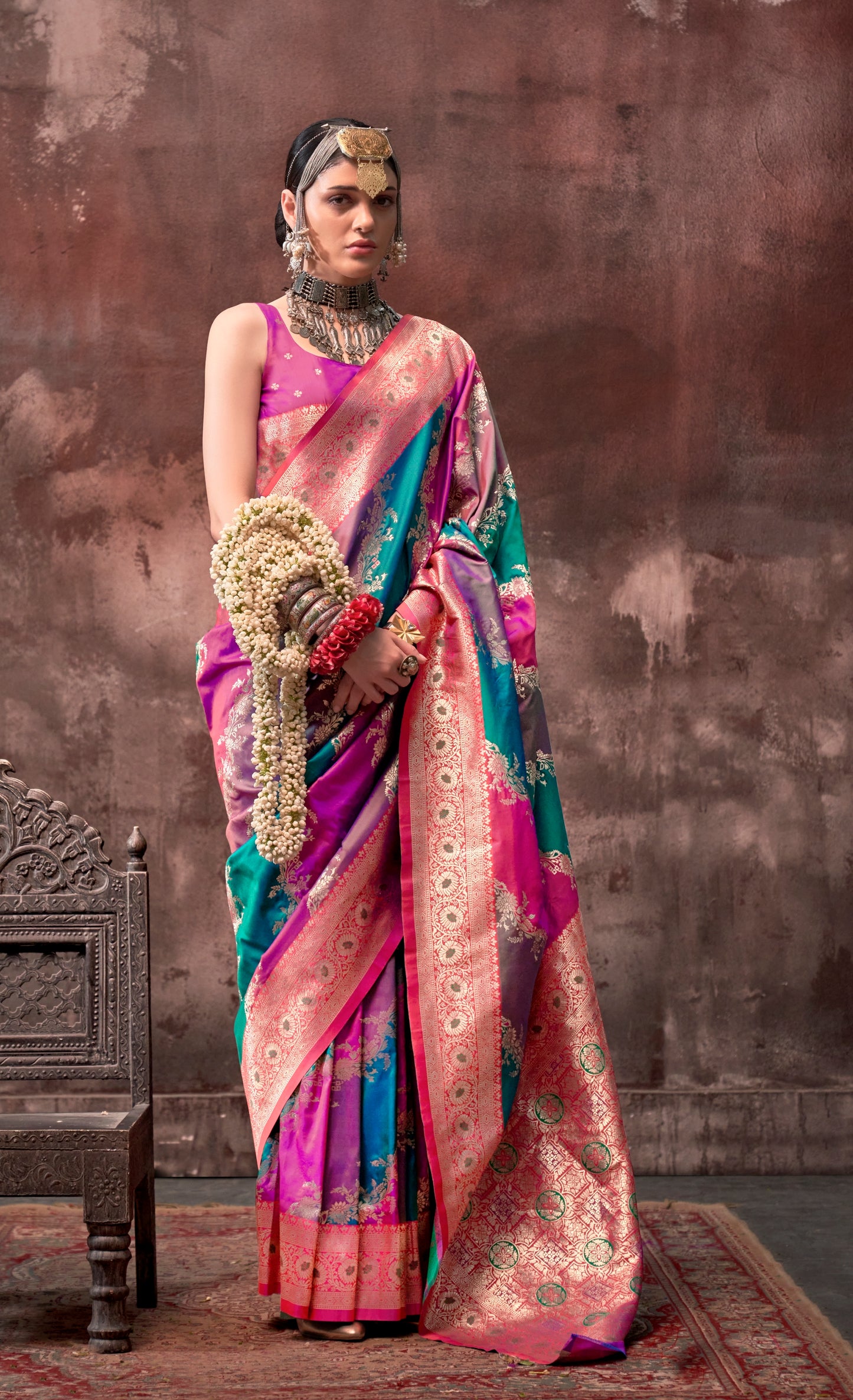 Multi Color Banarasi Silk Readymade/Easy Saree