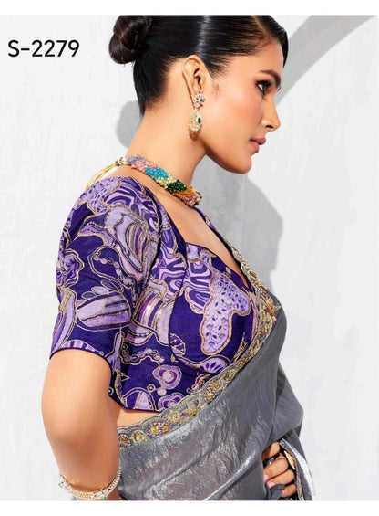 Grey Tissue Silk Readymade/Easy Saree