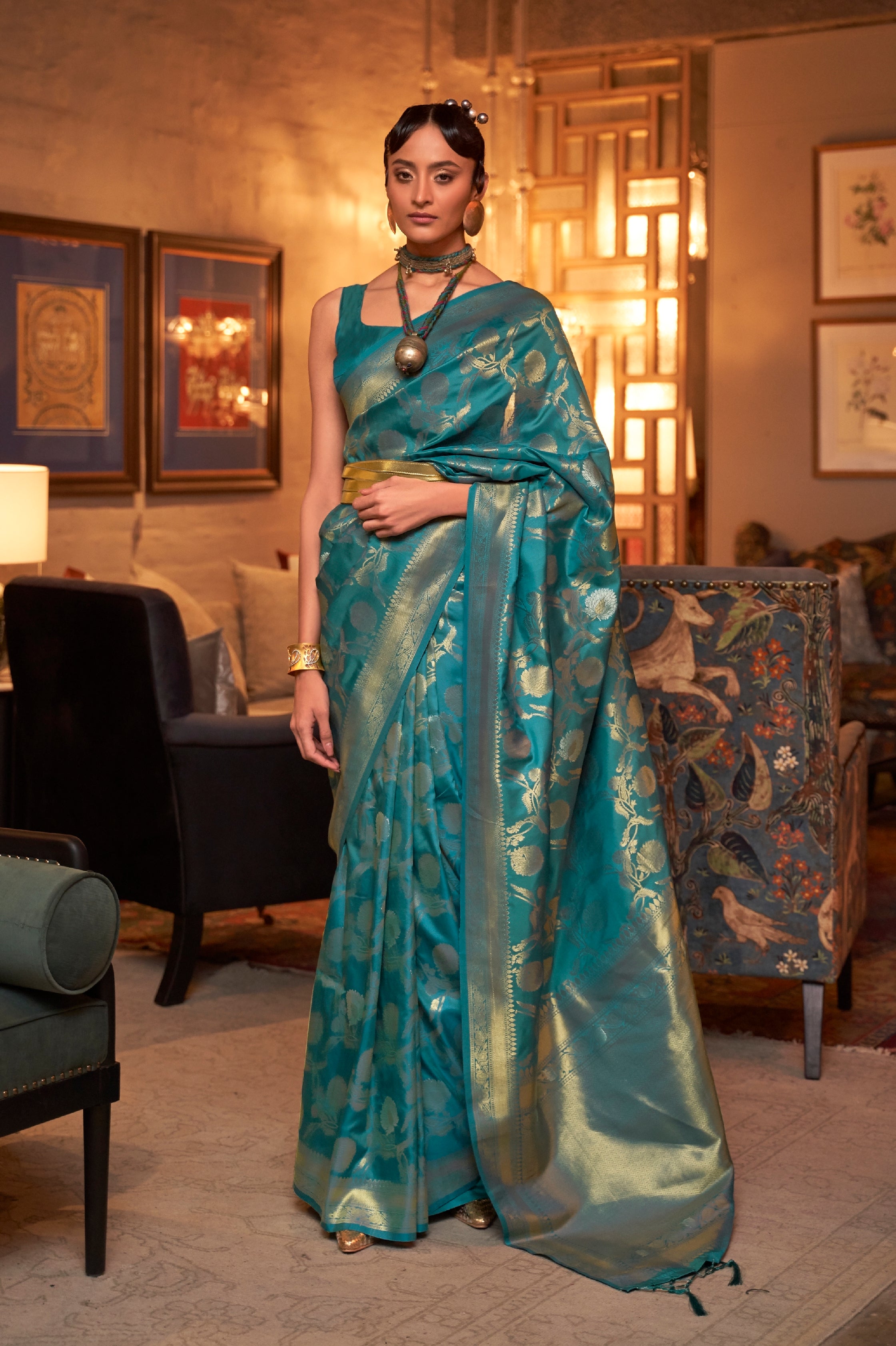 Turquoise Blue Banarasi Silk Saree With Floral Jaal Weaving | Singhania's