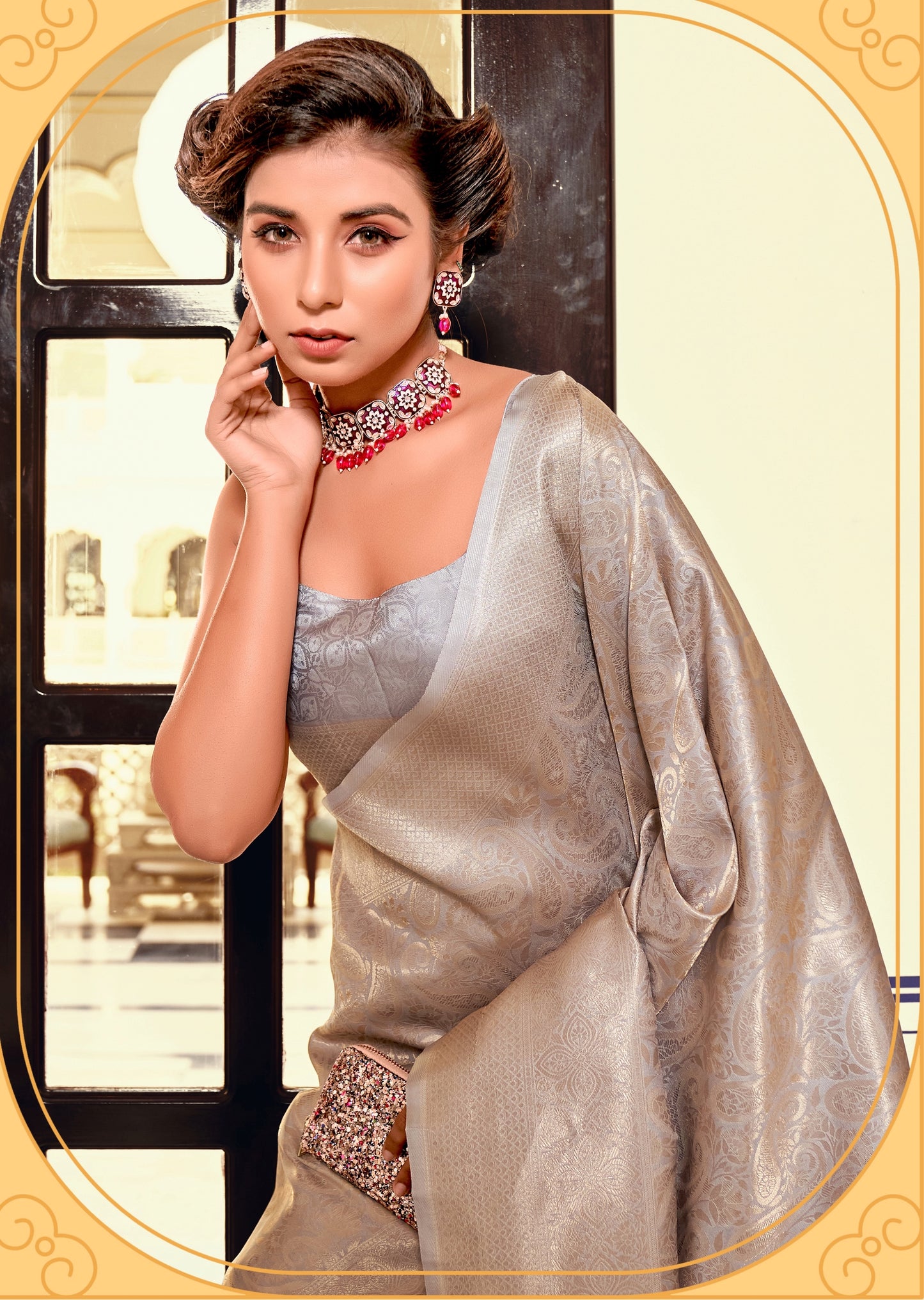 Silver Color Kanjivaram Readymade/Easy Saree