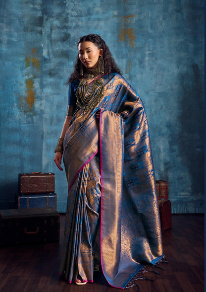 Steel Blue Kanjivaram Silk Ready to wear/Easy Saree - Panaash Saree