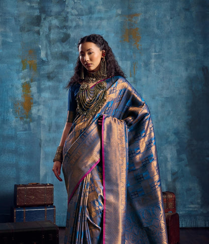 Steel Blue Kanjivaram Silk Ready to wear/Easy Saree - Panaash Saree